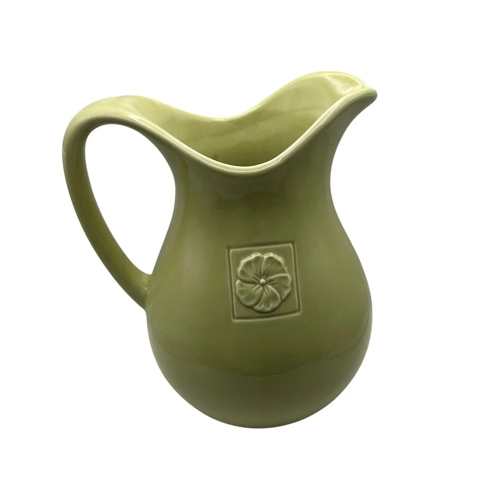 Country Gate by Enesco Green Ceramic Pitcher Flower‎ Leaf Square Embossed